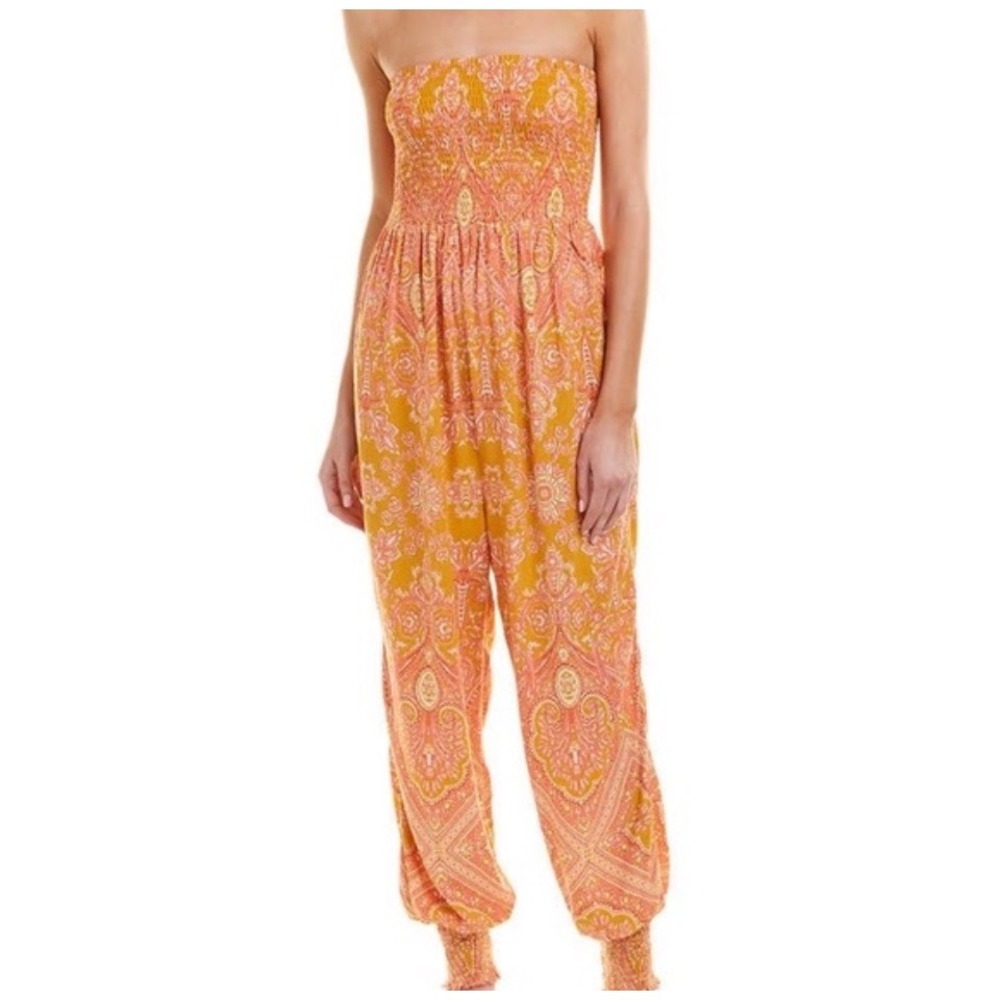 Free People Thinking Of You Paisley Strapless Jumpsuit Small Orange Coachella